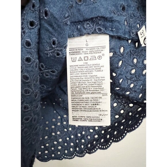 Gap x DOEN Eyelet Shirt Large Indigo Puff Sleeve Button Front Ruffled Collar Top - Picture 8 of 10